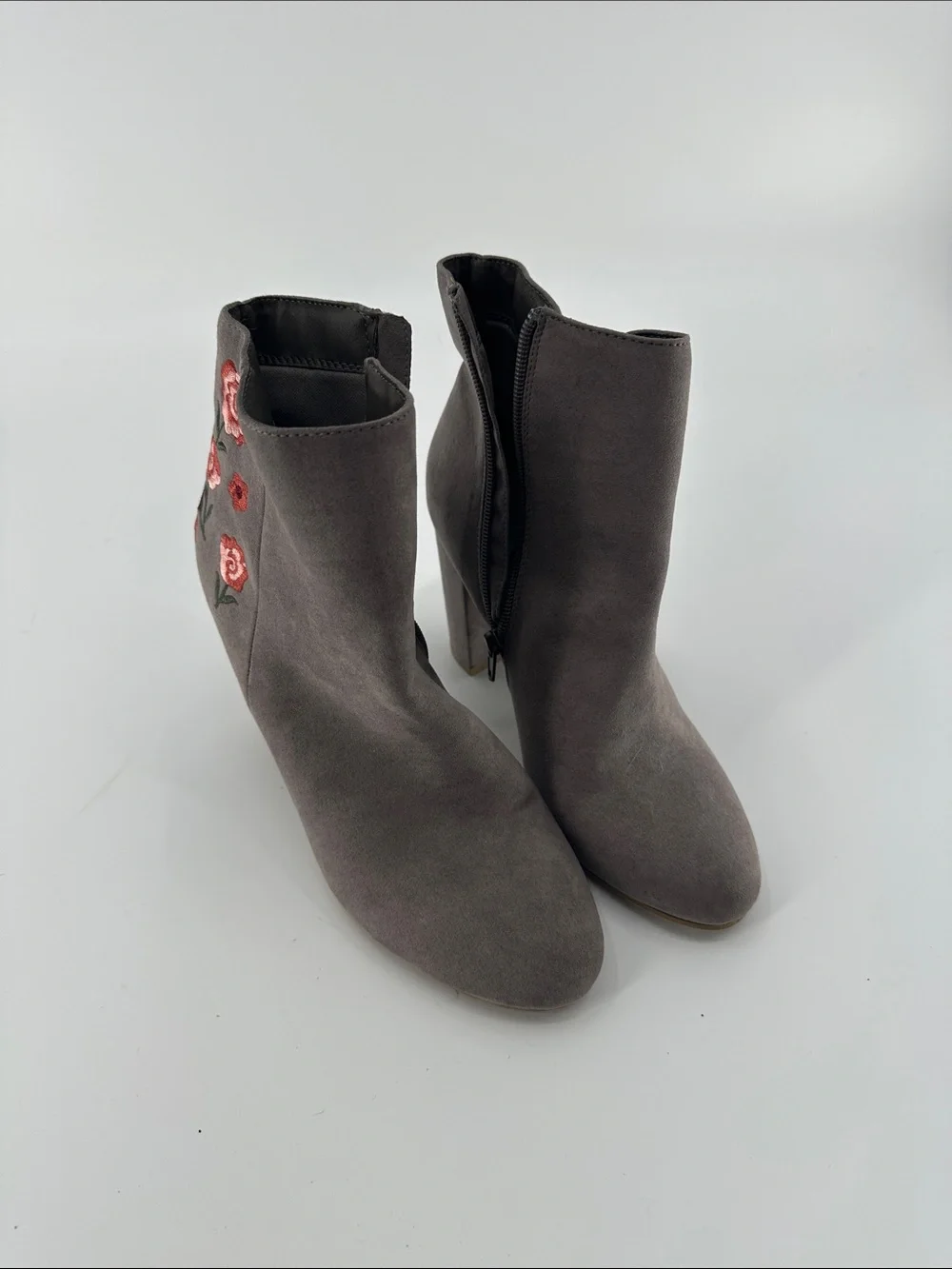 Report Gray Suede-Look Embroidered Ankle Booties